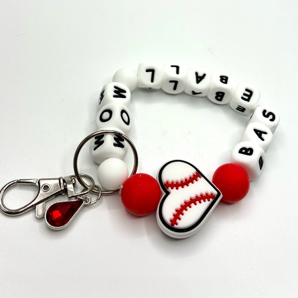 Baseball Mom Keychain Bracelet - Red and White - Picture 2 of 3